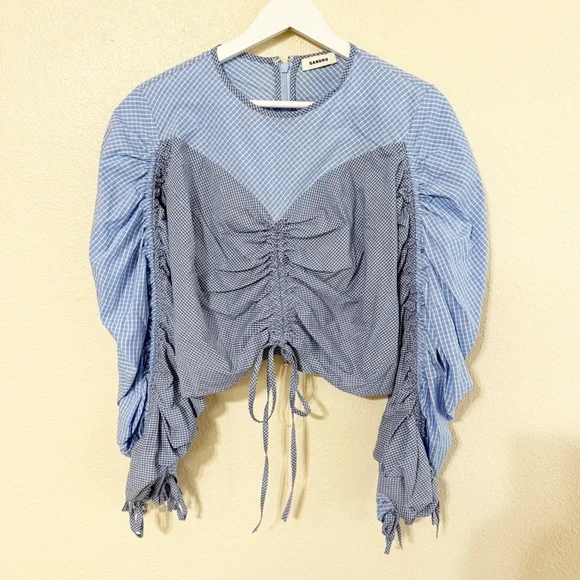 NWT SANDRO Formidable Blue Ruched Stripe Mixed Media Crop Top size 3/large - Picture 5 of 12